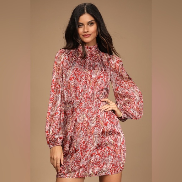 Lulus small rust red paisley mini dress mock neck balloon sleeve wrap skirt - Picture 1 of 14